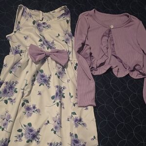 Floral Purple and White Kids Dress with Cardigan